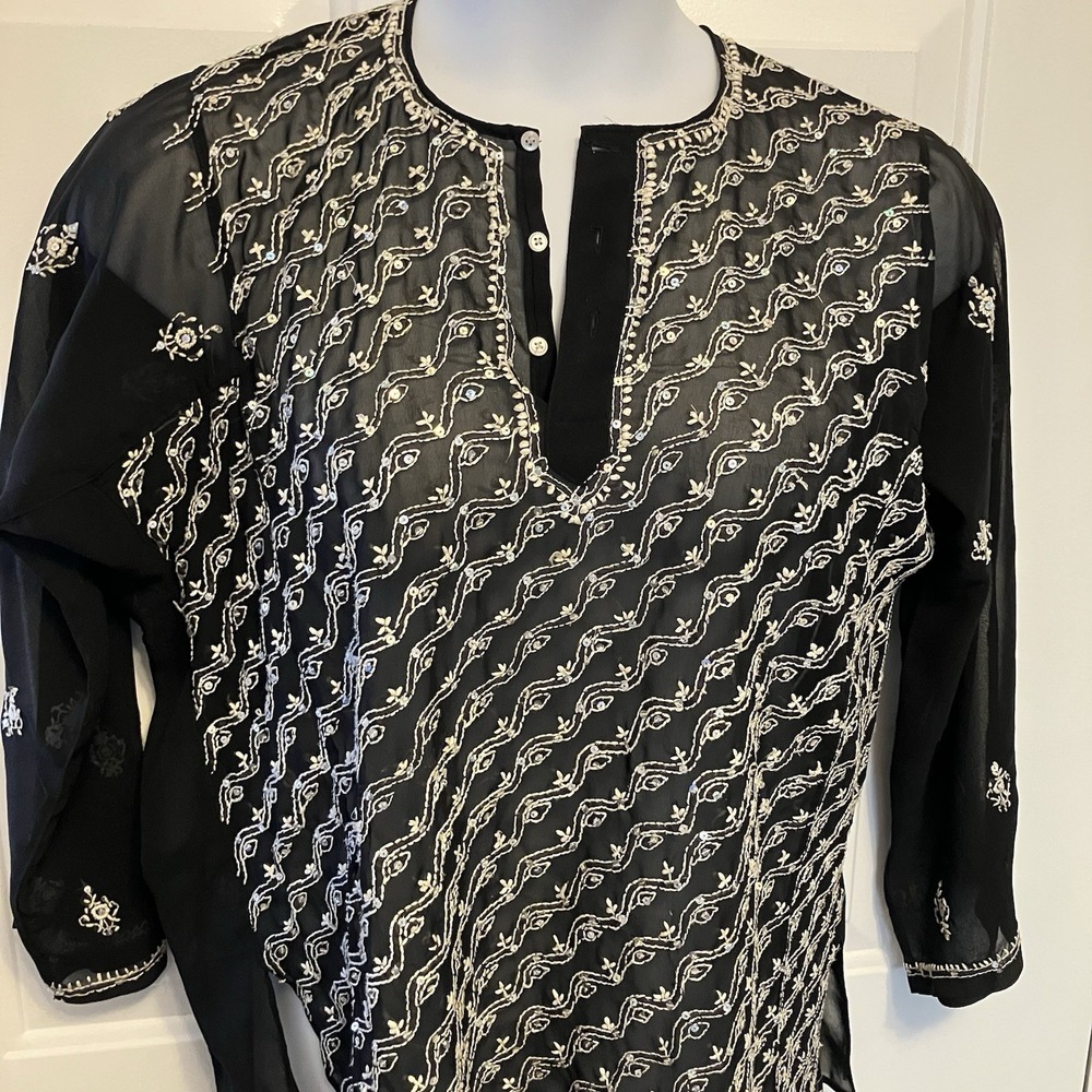 Barisal Shirt Women's Size 46 L/XL‎ Black Sheer Button Sequin Embroidered Blouse